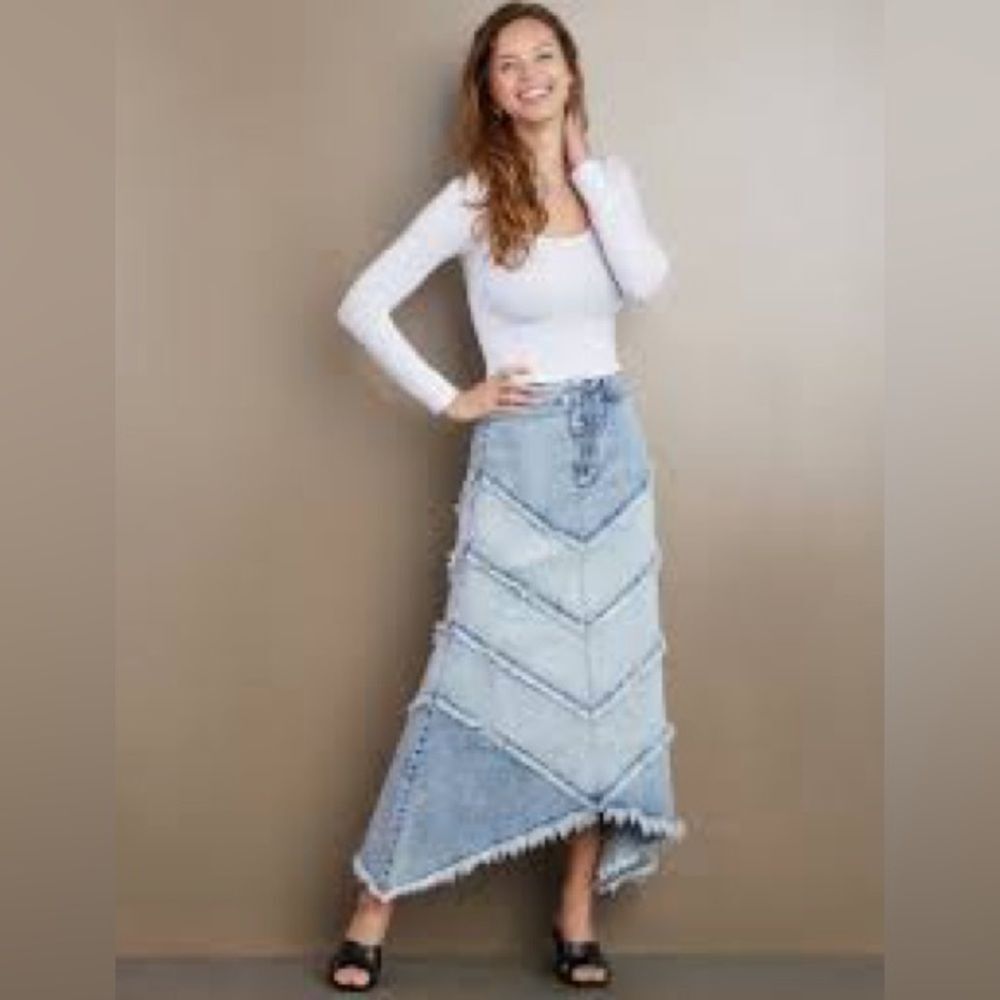 Wash Lab Denim Chevron Raw Hem Maxi Skirt - Size 29 / M - L - Picture 1 of 14